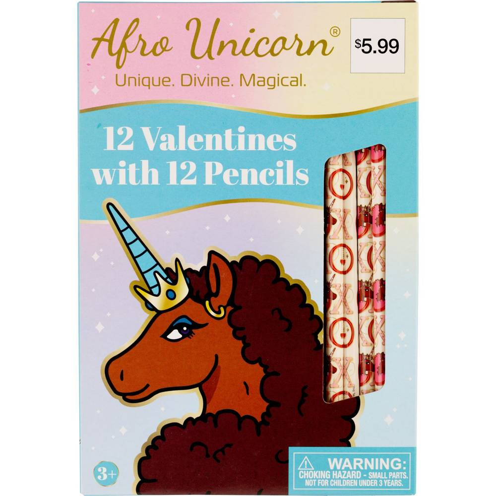Afro Unicorn Valentines With Pencils, 12ct