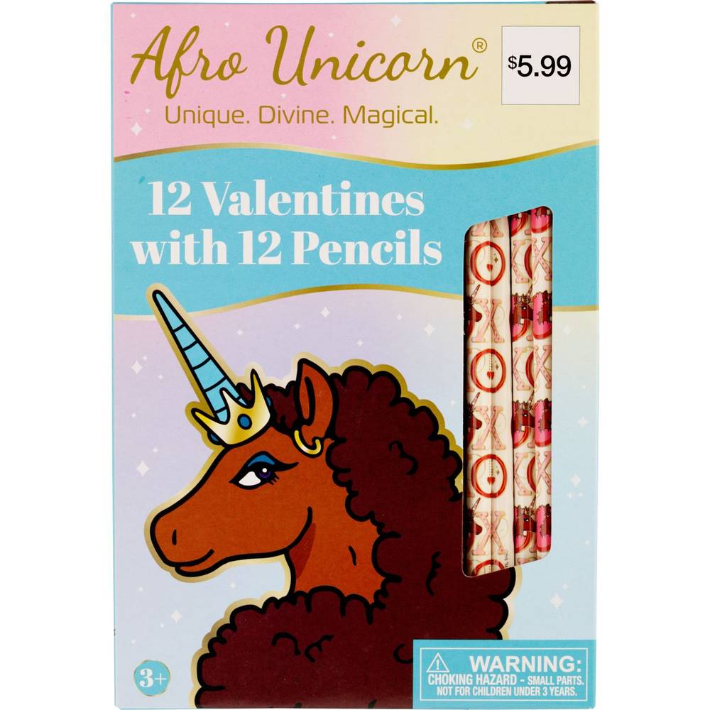 Afro Unicorn Valentines With Pencils, 12Ct