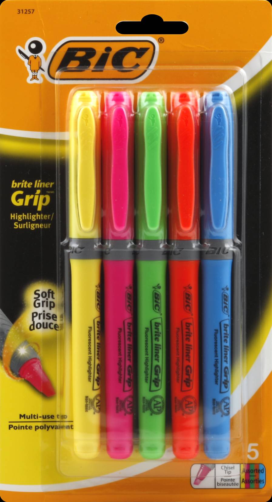 BiC Brite Liner Grip Highlighter, Chisel Tip, Assorted Colors