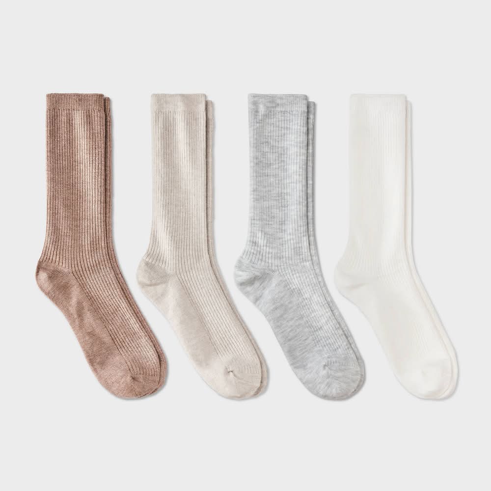 Auden Women's Ultra Soft Everyday Rib-Knit Crew Socks, Size 4-10, Grey (4 ct)