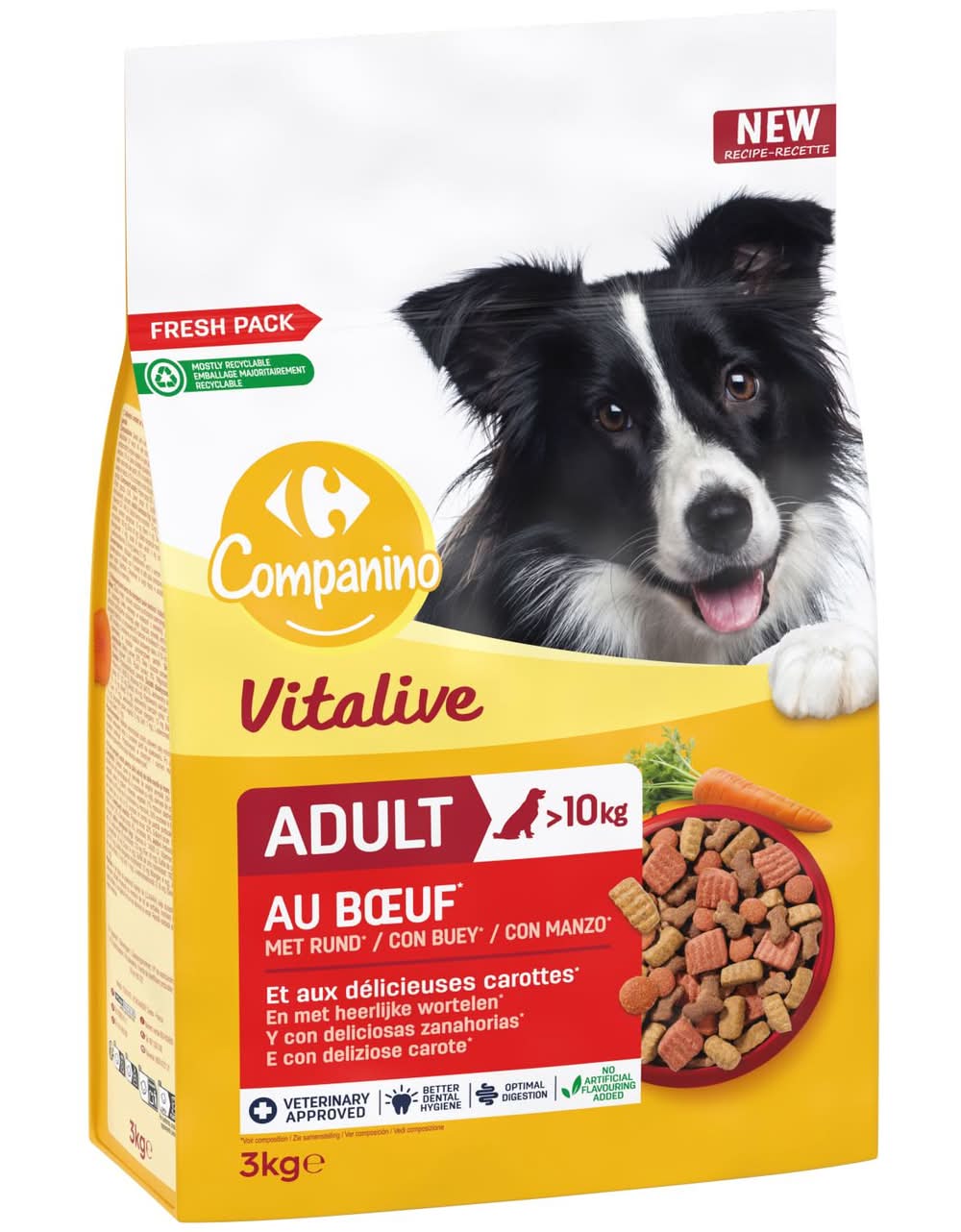Carrefour Companino - Vitalive croquettes pour chien, bœuf, Adulte (3kg)