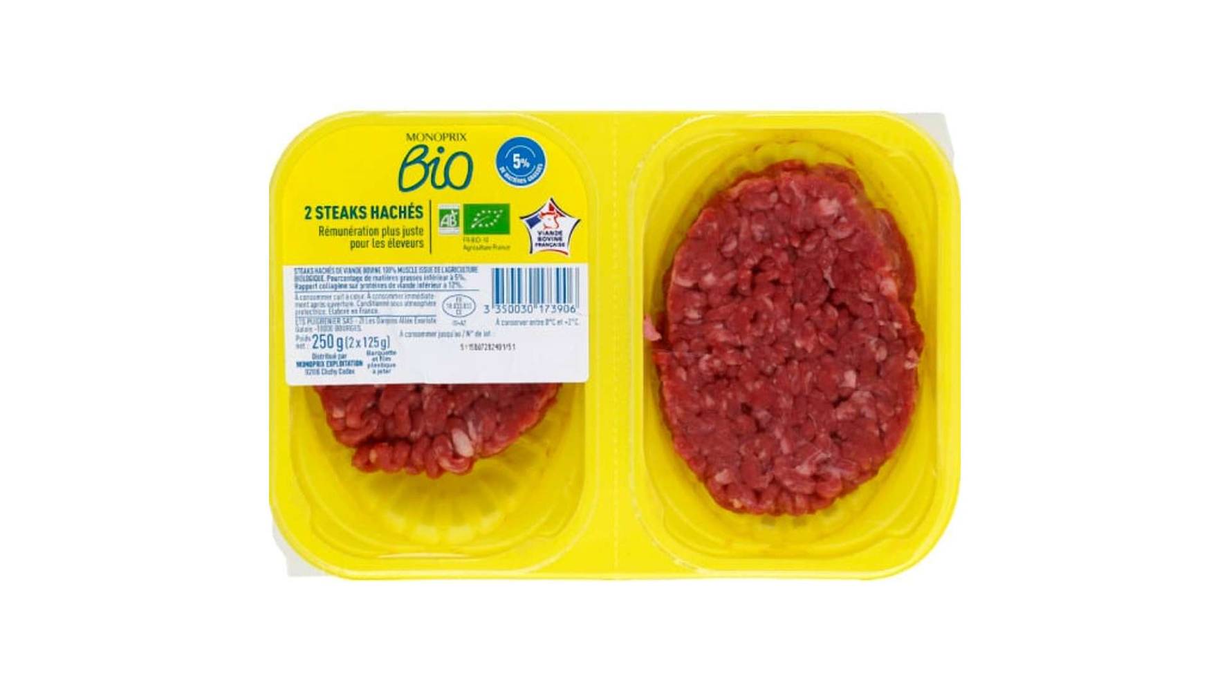 Monoprix Bio - Steak haché de bœuf 5% m.g. (2 x 125g)