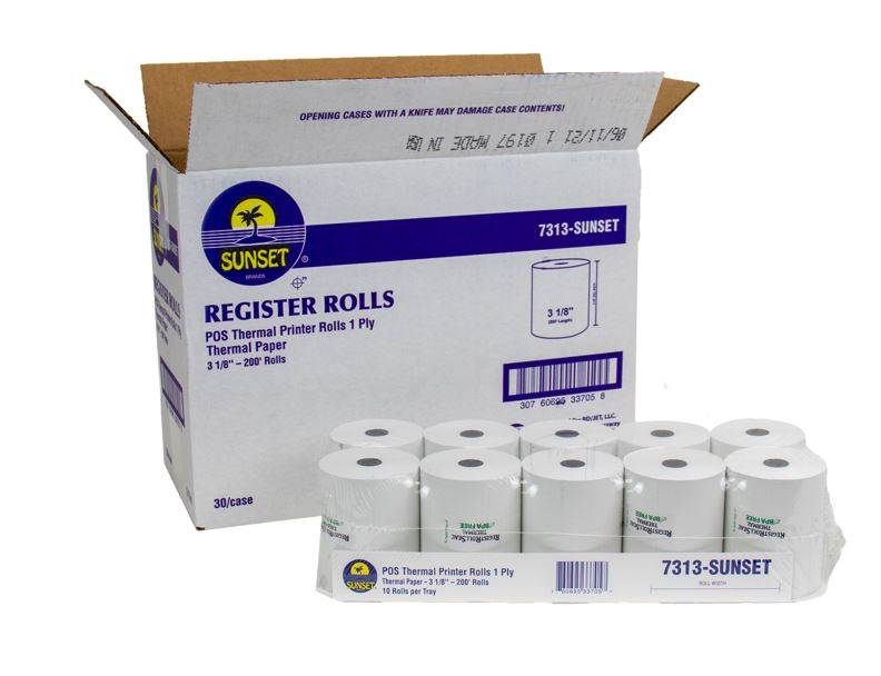 Sunset 7313 - POS Thermal Printer Rolls, 1 ply, 3-1/8", 200' rolls - 10 per tray (10 Units)