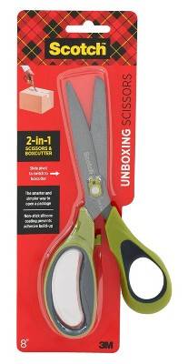 Scotch Unboxing Scissor: 8" Blade, Green, Plastic, Non-Powered Desk Tool, Art & Office Use