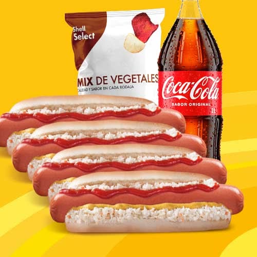 Combo Familiar 4 Hot Dog Monster + Coca Cola 2lt + Mix de Vegetales Shell Select 120g