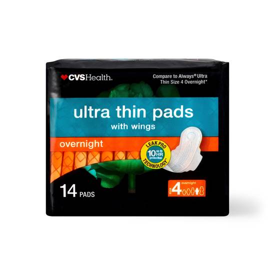 CVS Health Ultra Thin Pads with Wings, Overnight, 14 CT