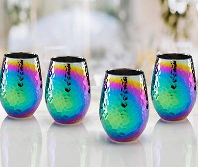 Rainbow Luster Hammered 4-Piece Stemless Wine Glass Set