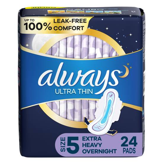 Always Ultra Thin Pads Size 5 Extra Heavy Overnight Absorbency Unscented with Wings, 24 Count