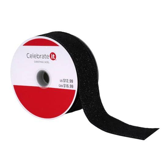 1.5" X 30Ft. Black Glitter Wired Taffeta Ribbon By Celebrate It Christmas