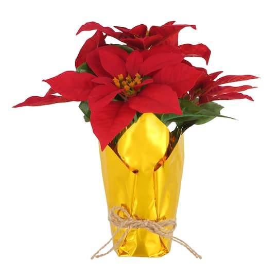 15" Red Poinsettia Arrangement In Gold Wrapped Pot By Ashland