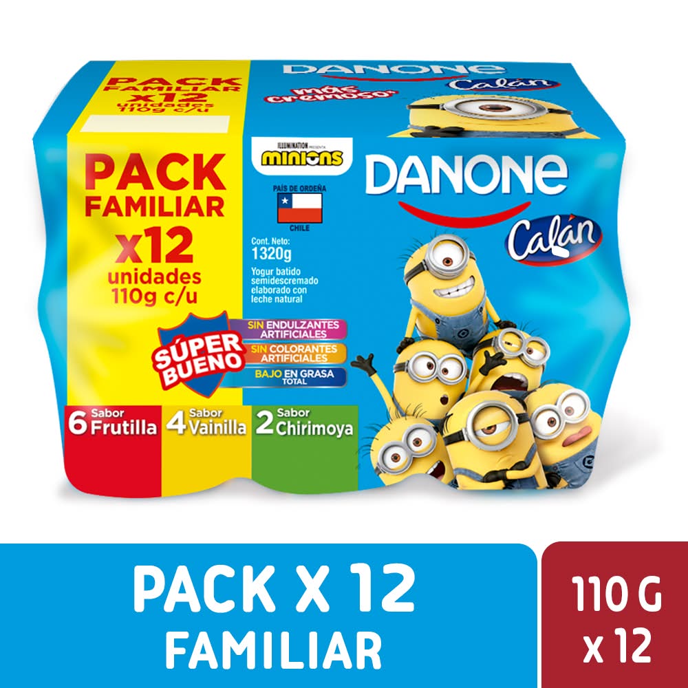 Danone · Calán yogurt batido semidescremado - Frutilla-Vainilla-Chirimoya (12 x 110 ml)