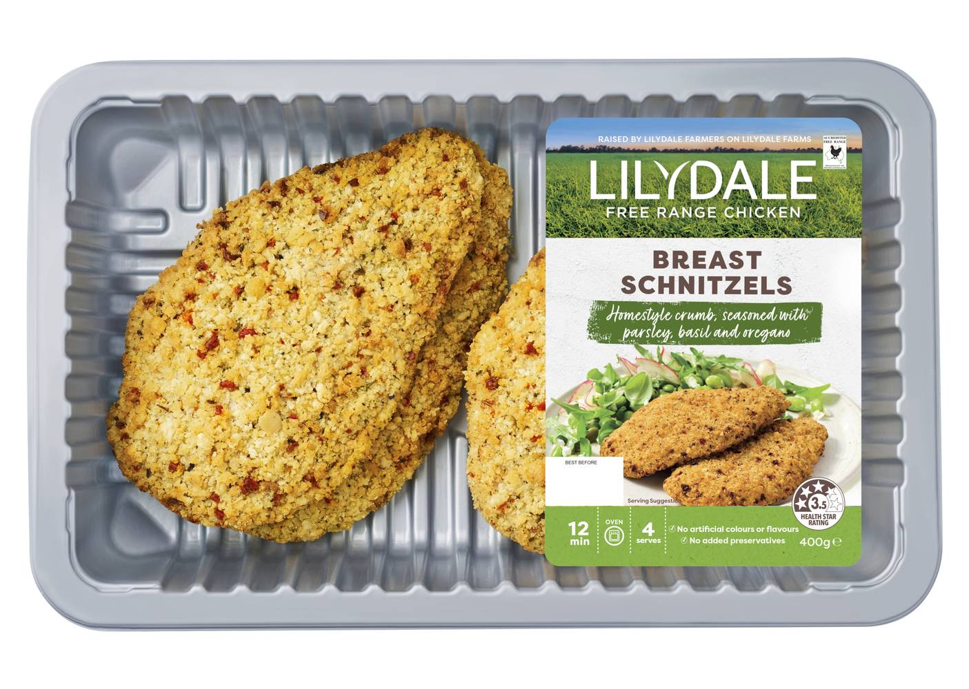 Lilydale Free Range Chicken Breast Schnitzels (400g, 4 pack)