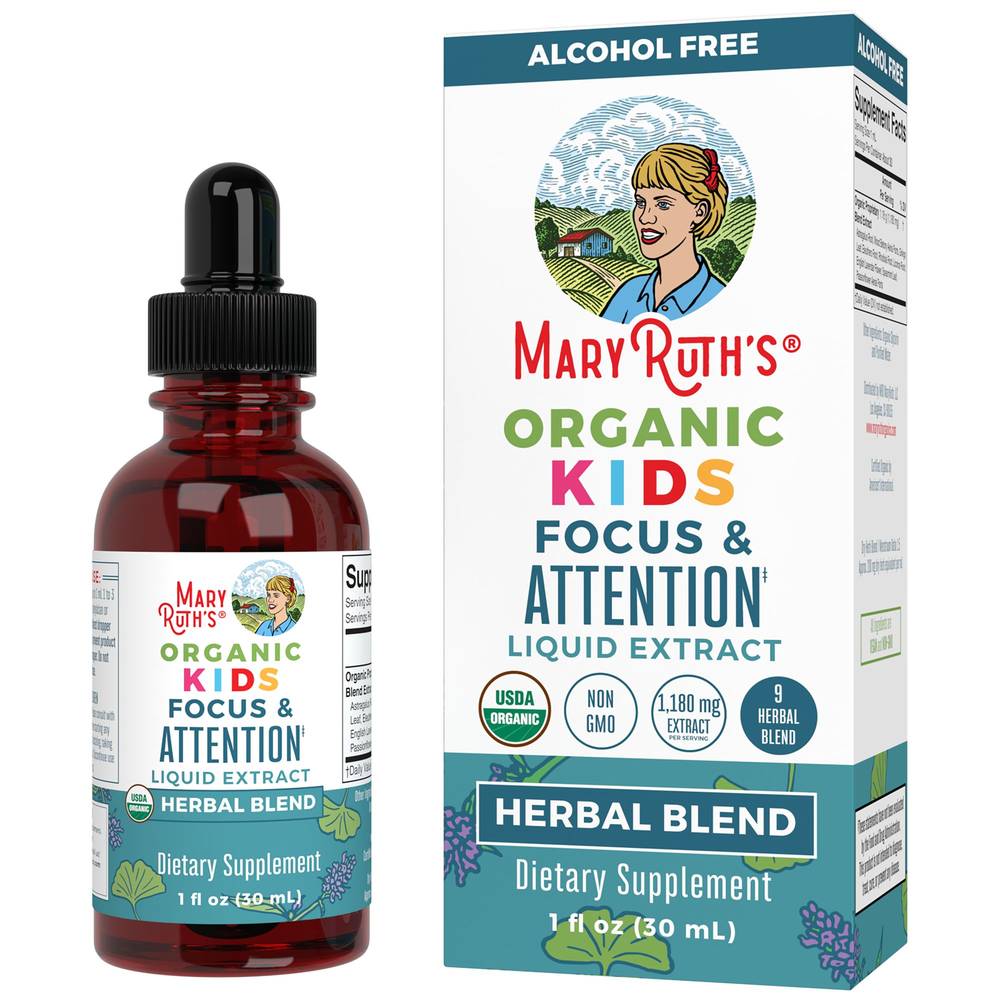Organic Kid'S Focus & Attention Liquid Extract - Herbal Blend - Alcohol Free (1 Fl. Oz. / 30 Servings)