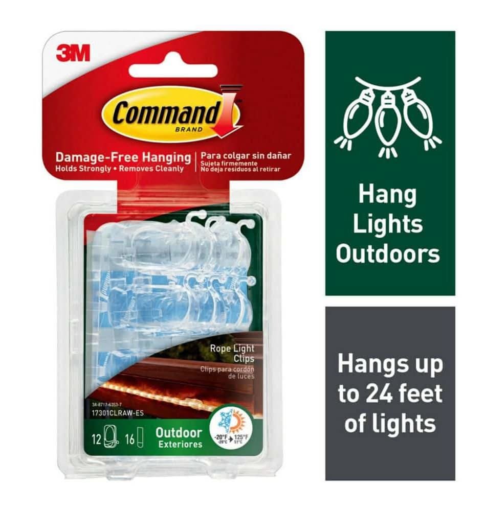 Command Outdoor Rope Light Clips, Clear, Damage Free Decorating, 12 Clips And 16 Strips