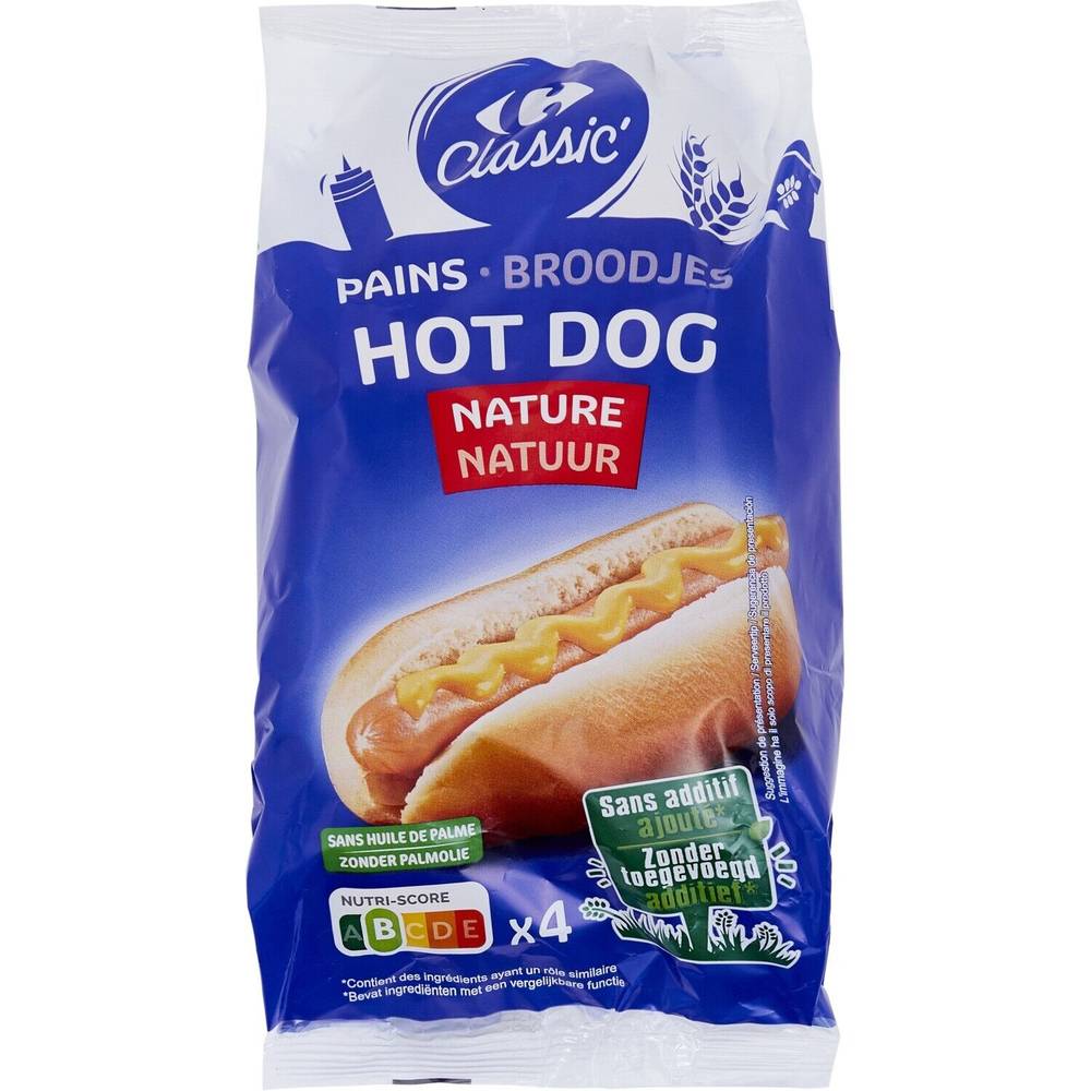 Carrefour Classic' - Pains spéciaux hot dog nature (4 pièces)