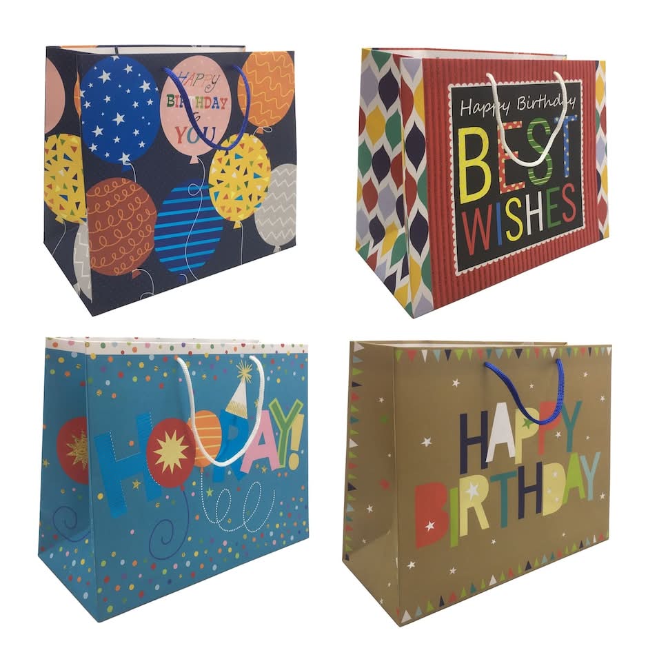 Voilà Horizontal Birthday Gift Bags, 12x10 in, Assorted (4 ct)