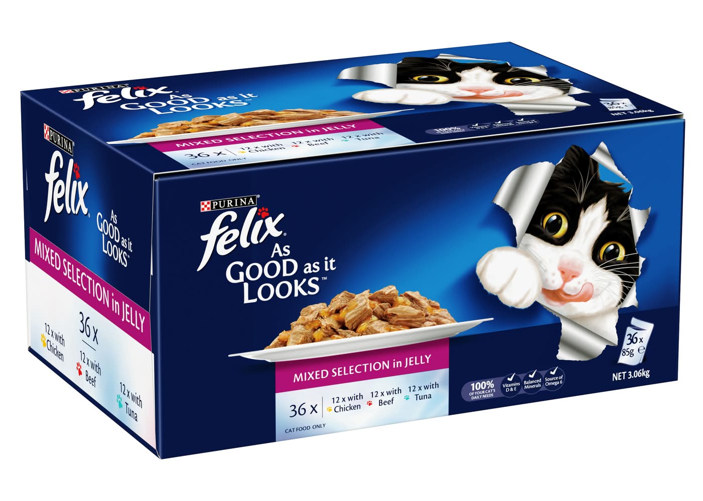 Purina Felix As Good As It Looks Mixed Selection in Jelly Wet Adult Cat Food, Chicken-Beef-Tuna, Adult (36 x 85g)