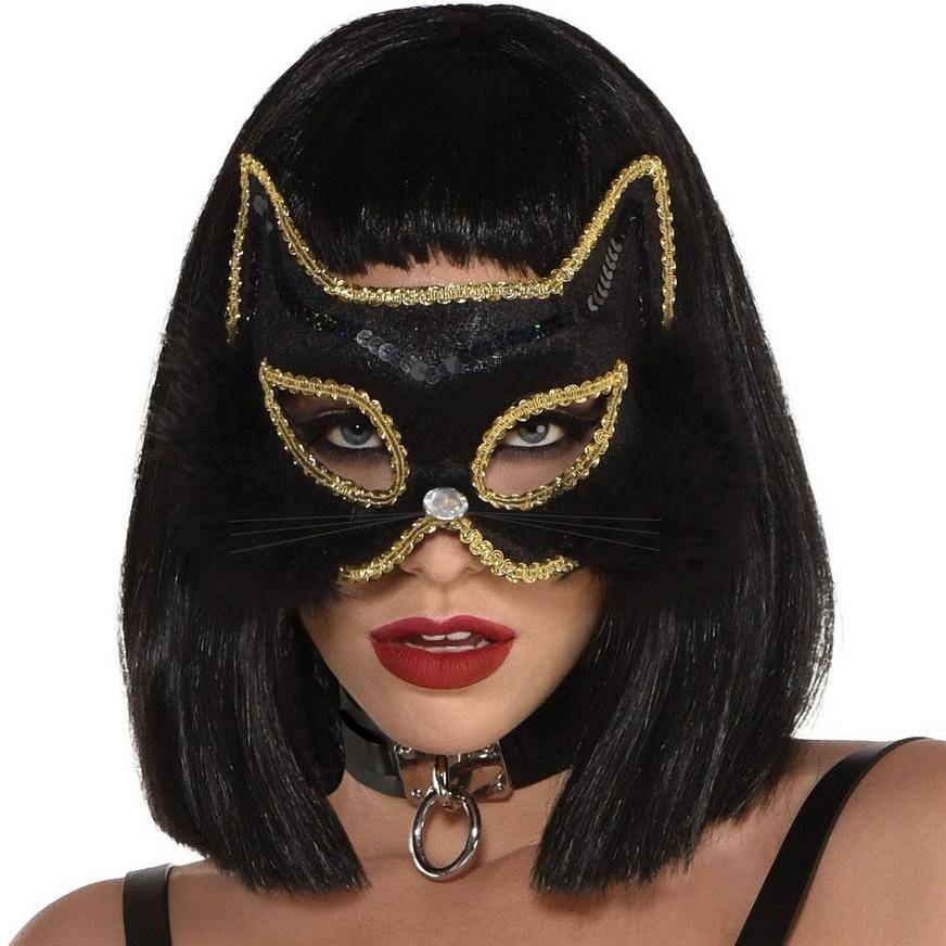 Party City Black & Gold Fabric & Marabou Feather Cat Mask