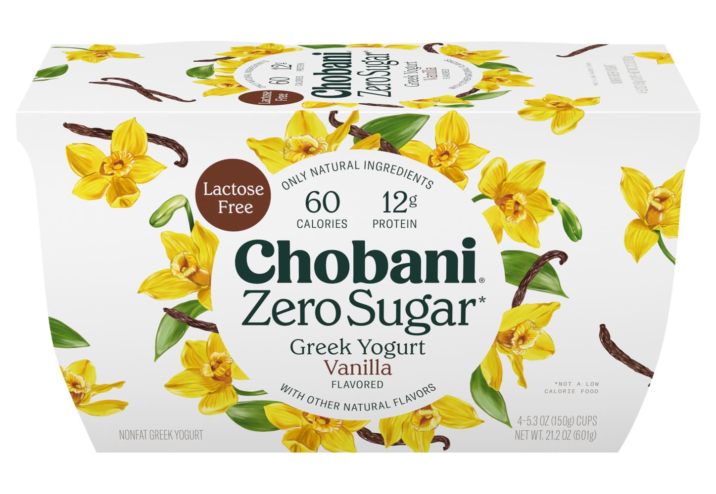 Chobani Lactose Free Zero Sugar Greek Yogurt, Vanilla (4 x 5.3 oz)