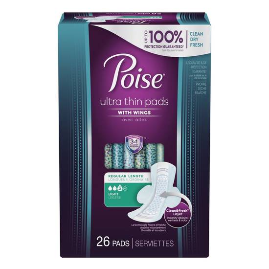 Poise Ultra Thin Incontinence Pads with Wings, Light Absorbency - Bladder Control Pads, 26 ct