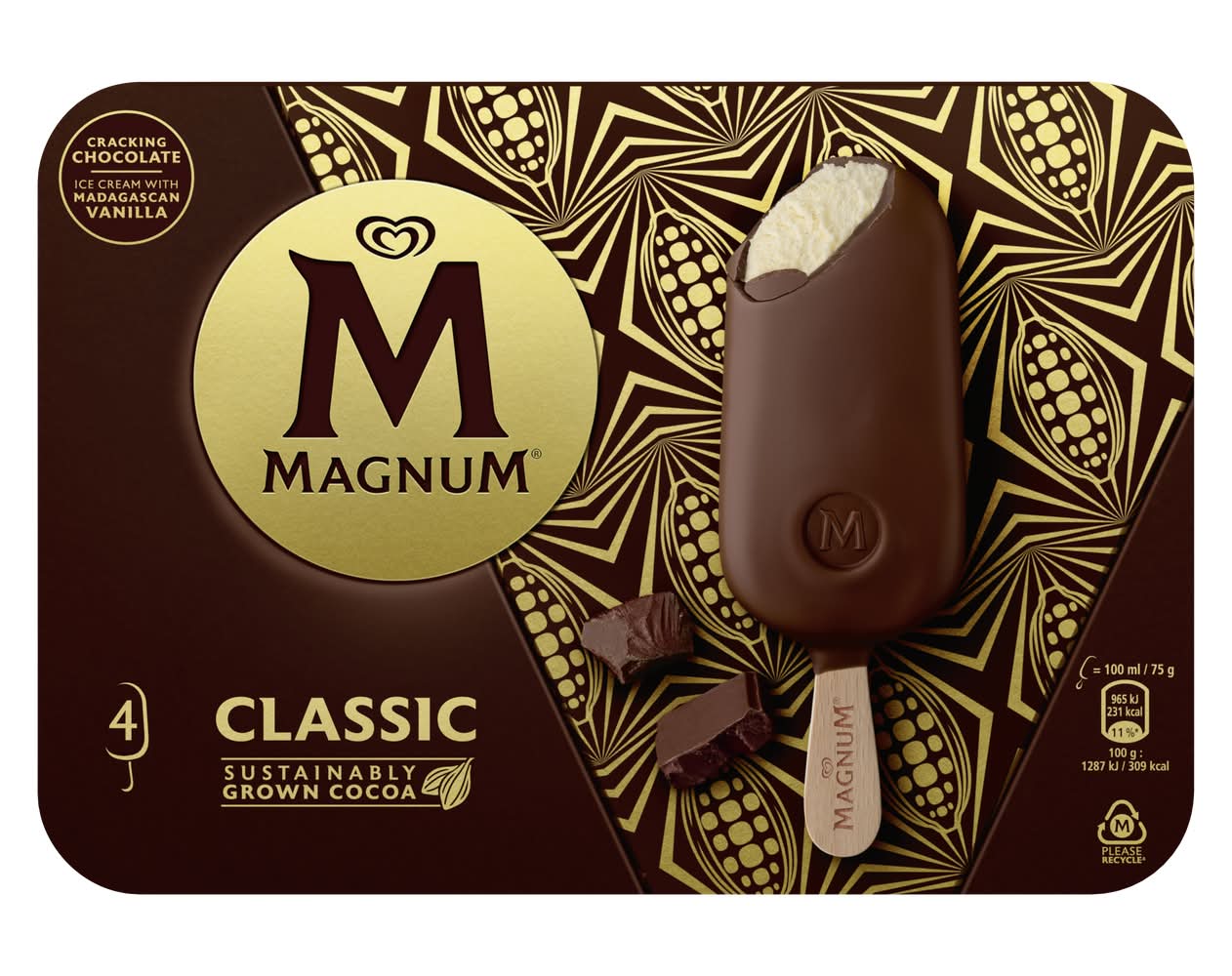 Magnum - Bâtonnets de glace classique, vanille de madagascar-chocolat croquant (4 x 100ml)
