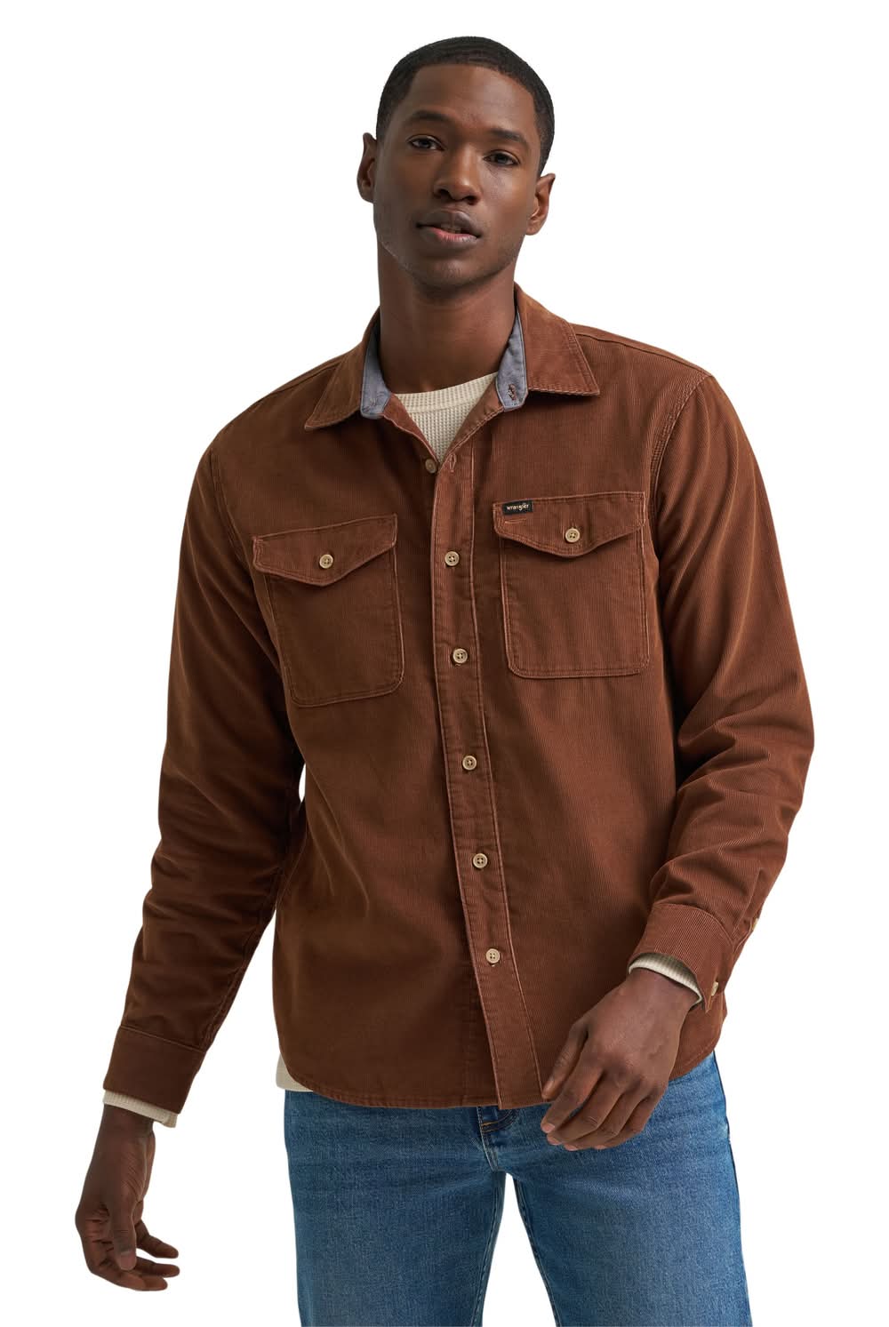 Wrangler Men's Brown Mediumweight Woven Long sleeve Solid Button-down shirt ( M )