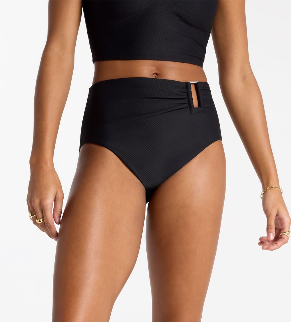 CALIA Women's Asymmetrical Rectangle Trim Swim Bottoms (Pure Black Mesh, S)