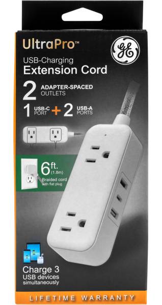 GE 81597 2-Outlet Extension Cord With USB Charging, 6' Cord, White/Gray