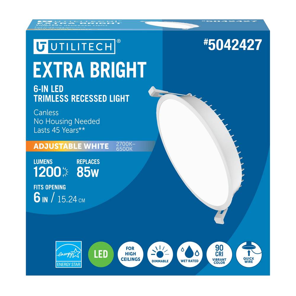 Utilitech Canless Trimless Recessed Downlight White 6-in 1200-Lumen Switchable White Round Dimmable LED Canless Recessed Downlight | LLEDR6XT/HO/5CCT/V2