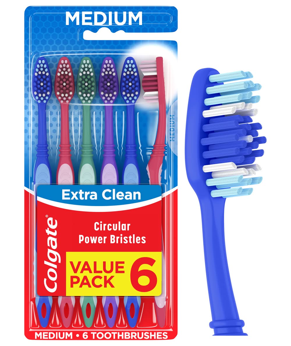 Colgate Extra Clean Circular Power Bristles Toothbrushes, Medium (6 ct)