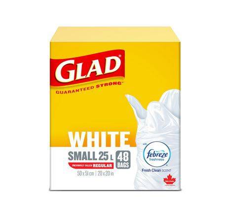 Glad White Garbage Bags - Small 25 Litres - Febreze Fresh Clean Scent, 48 Trash Bags
