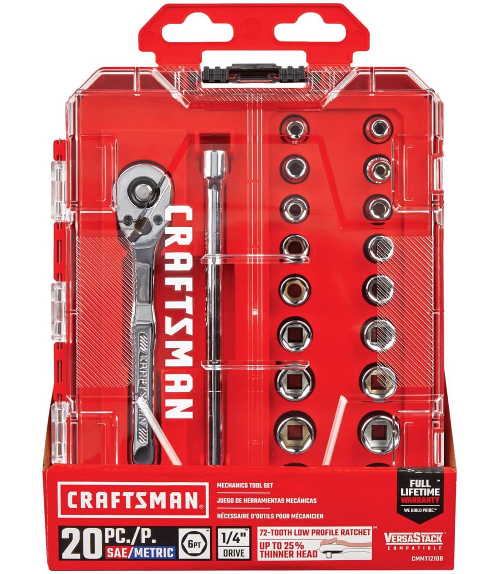 Craftsman 1/4 In. Drive Metric And Sae 6 Point Socket And Ratchet Set 20 Pc