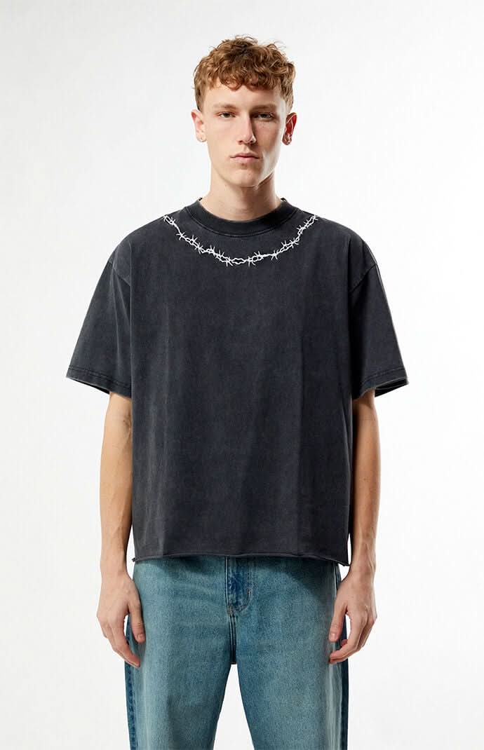 Men's Barbed Wire Cropped Boxy T-Shirt Washed Black M