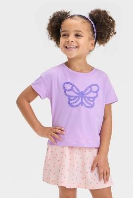 Toddler Girls' Butterfly Graphic T-Shirt - Cat & Jack™ Lilac Purple 4T: Cotton Blend, Recycled Polyester, Crew Neck, Short Sleeve
