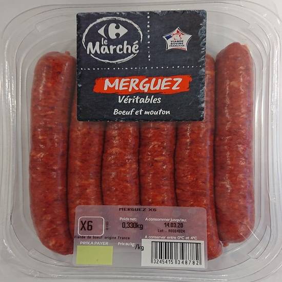 Carrefour - Le marché merguez véritables bœuf et mouton (6 pièces)