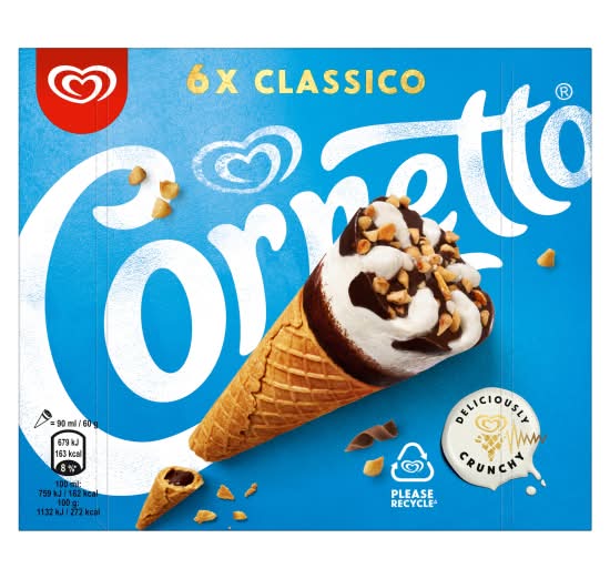 Cornetto Vanilla, Classico Cone Ice Cream (6 x 90ml)