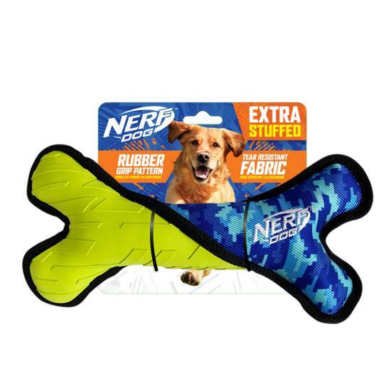 Nerf Dog 11 Inch Tuff Rubber Nylon Camo Plush Bone Poly Filled Green Blue Pet Toy
