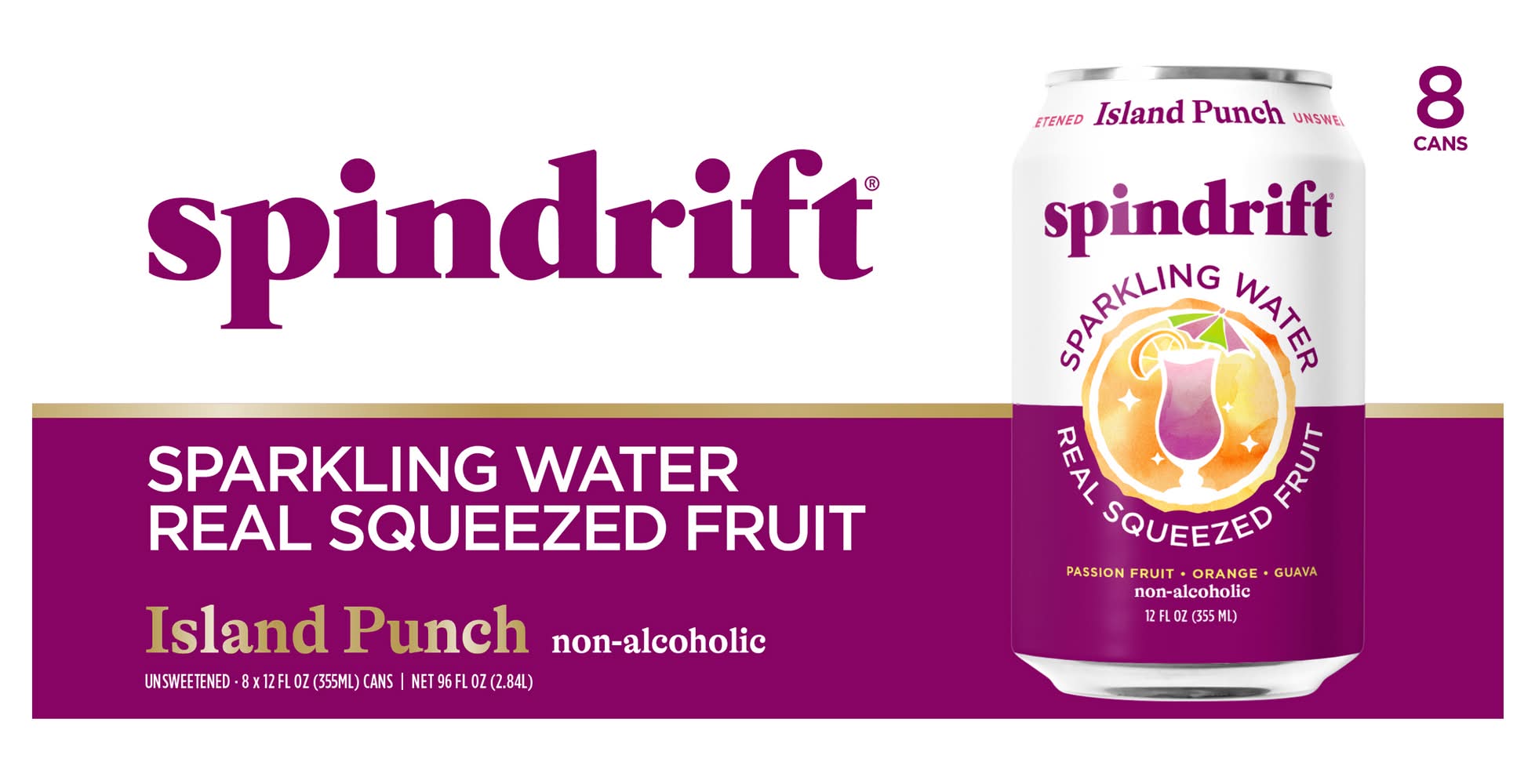 Spindrift Real Squeezed Fruit Unsweetened Sparkling Water, Island Punch (8 x 12 fl oz)