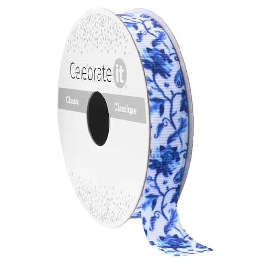 5/8'' X 7Yd. Blue Floral Grosgrain Ribbon By Celebrate It Classic