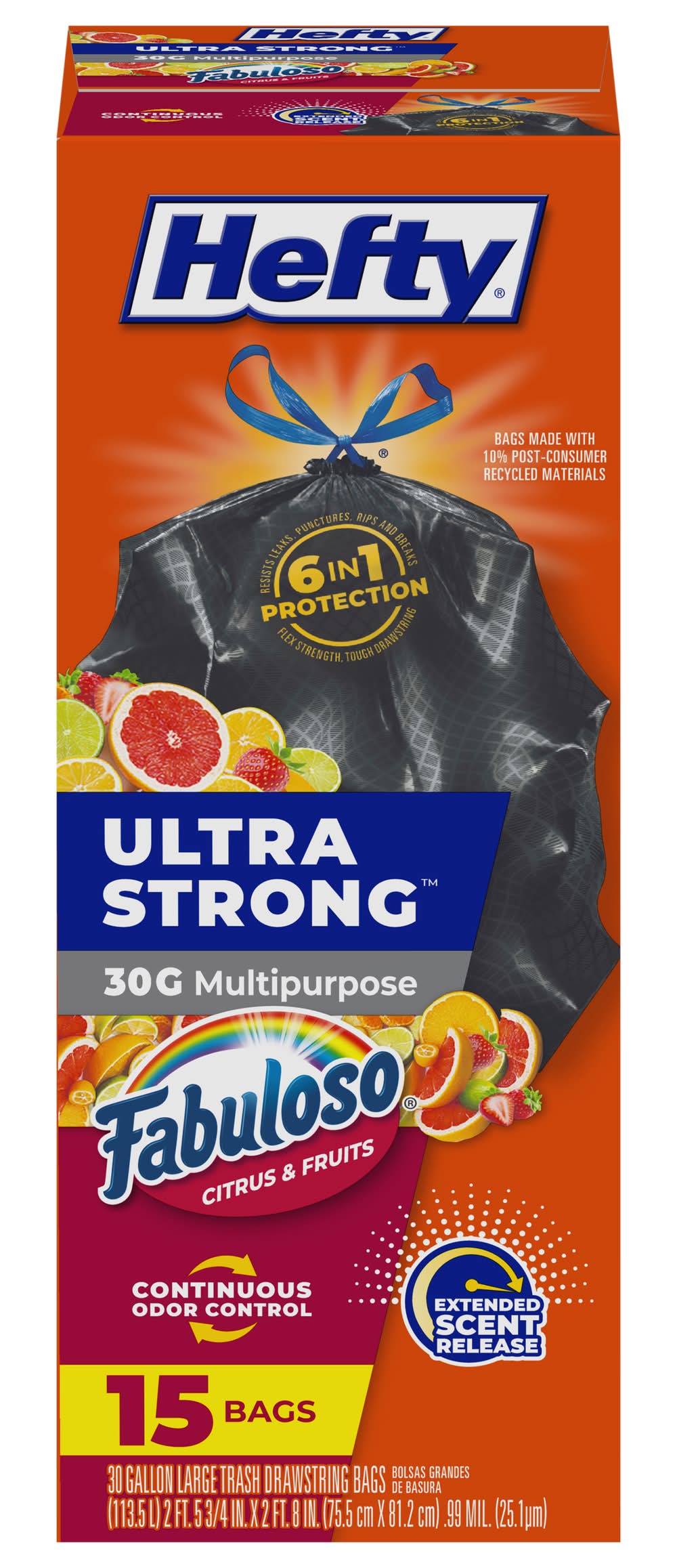 Hefty Ultra Strong Multipurpose Trash Bags 30 Gal, Fabuloso Citrus-Fruits, 75.5 cm x 81.2 cm (15 ct)