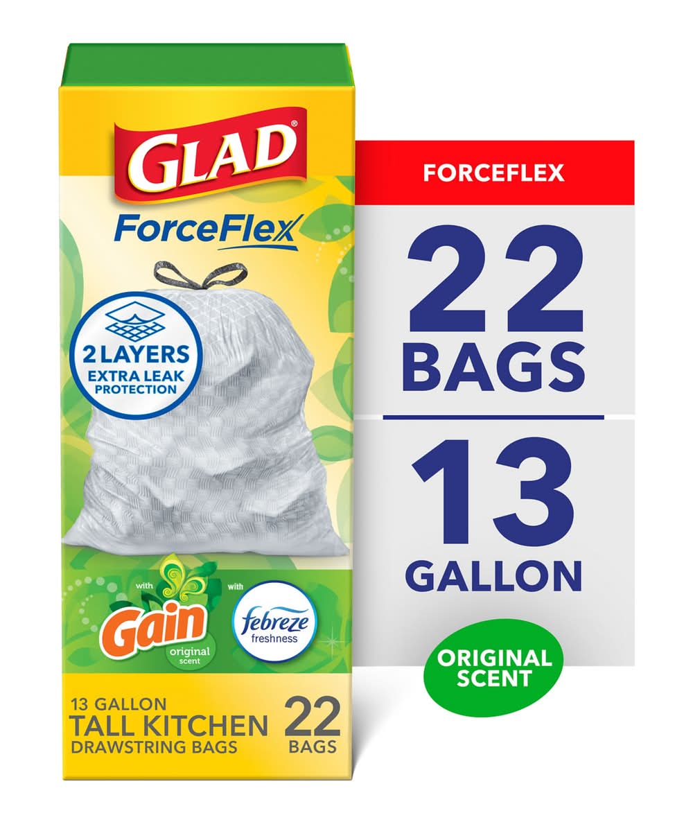 Glad Forceflex Tall Kitchen Drawstring Trash Bags 13 Gal Gain Original With Febreze 22 Ct