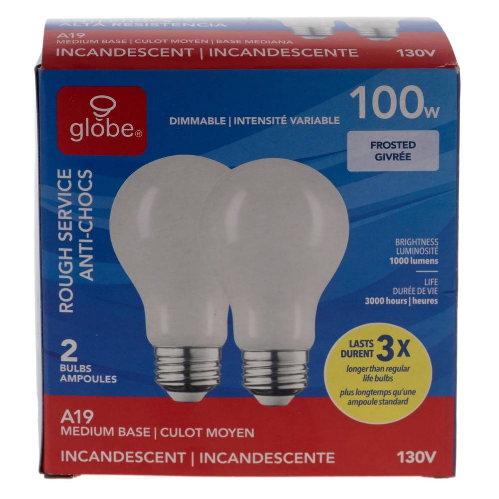 A19 100W Frosted Long Life Bulbs, 2 Pack