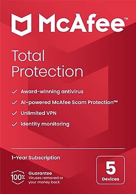 McAfee Total Protection for 5 Users, Windows/Mac/Android/iOS/ChromeOS, Product Key Card (MTP21EST5RFLM)