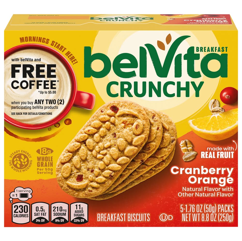 BelVita Crunchy Breakfast Biscuits, Cranberry Orange (5 x 1.76 oz)
