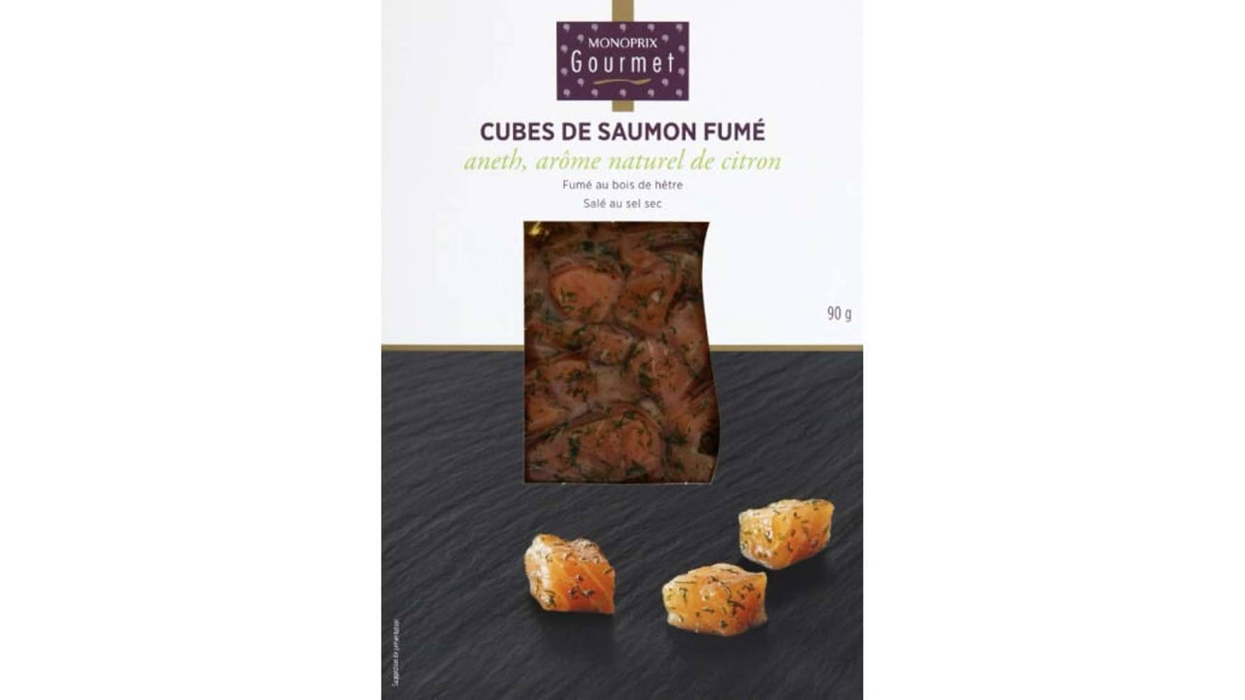 Monoprix Gourmet Cubes de saumon fumé aneth, arôme naturel de citron La barquette de 90 g