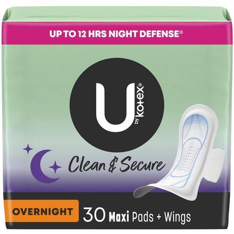 Serviettes maxi de nuit U by Kotex Clean & Secure avec ailes, 30 unités