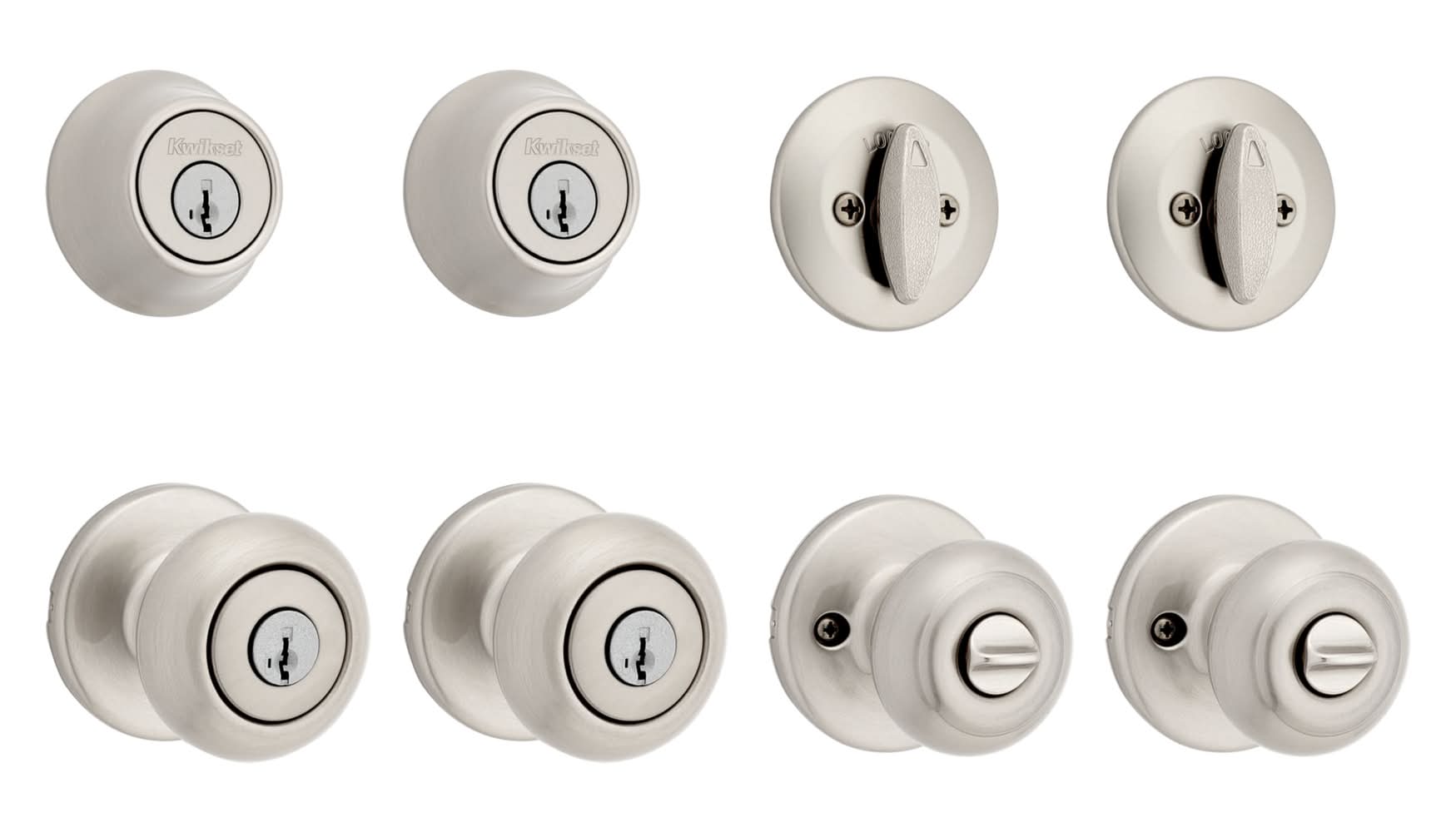 Kwikset Cove Satin Nickel Exterior Single-Cylinder Deadbolt and Keyed Entry Door Knob ft. SmartKey Security 2 -Pack