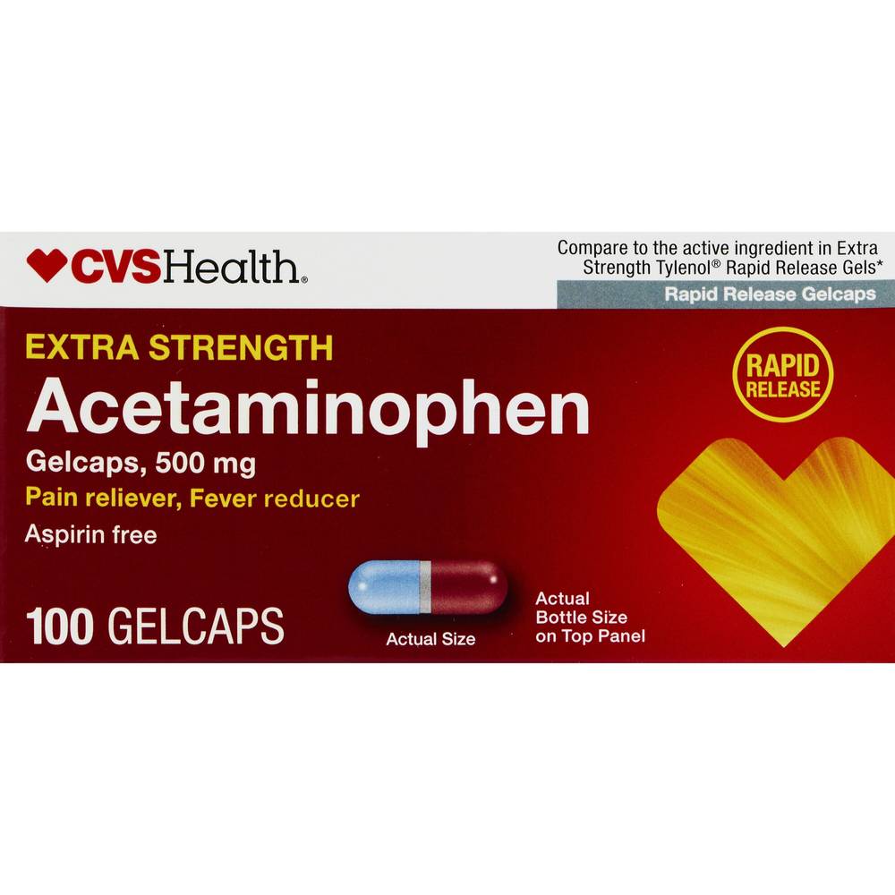CVS Health Extra Strength Acetaminophen Pain Reliever & Fever Reducer 500 MG Gelcaps, 100 CT