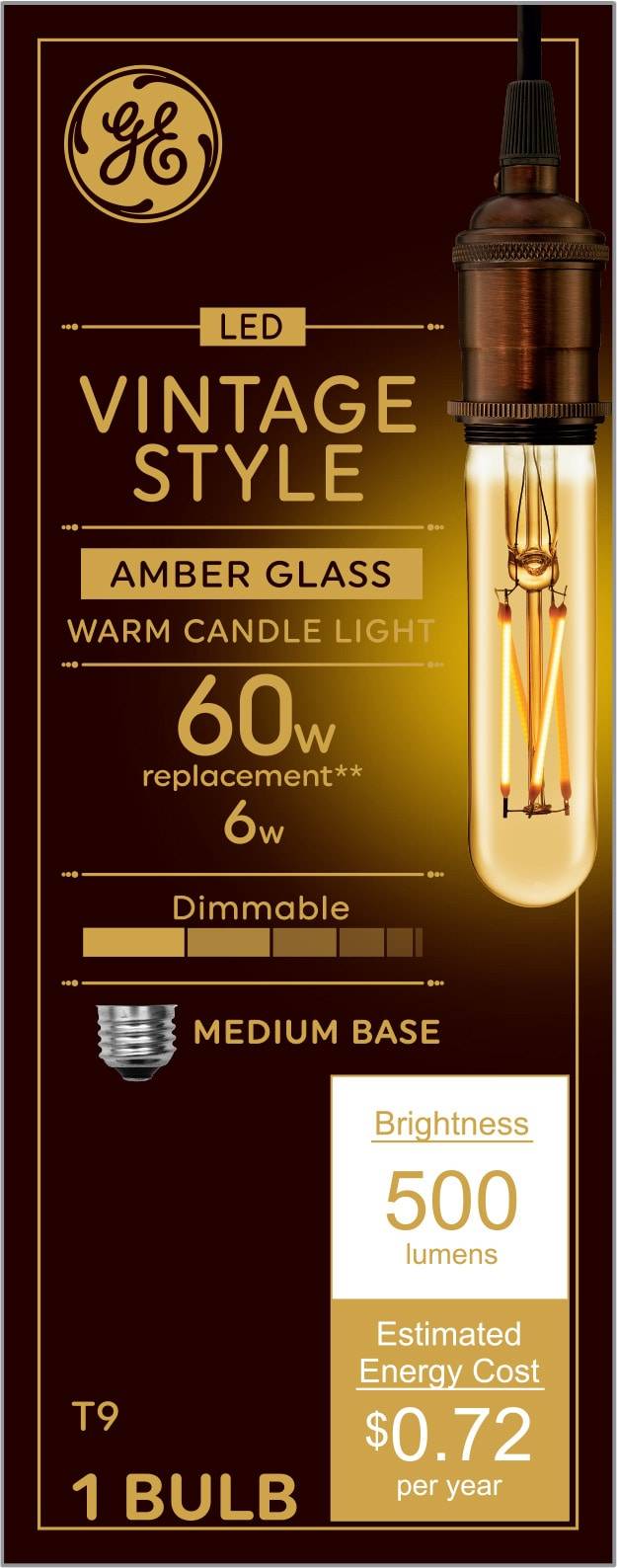 GE Vintage 60-Watt EQ T9 Warm Candlelight Medium Base (e-26) Dimmable LED Decorative Light Bulb | 33552