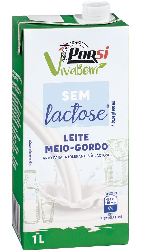 PorSi Viva Bem - Leite uht sem lactose meio gordo, 1 litro